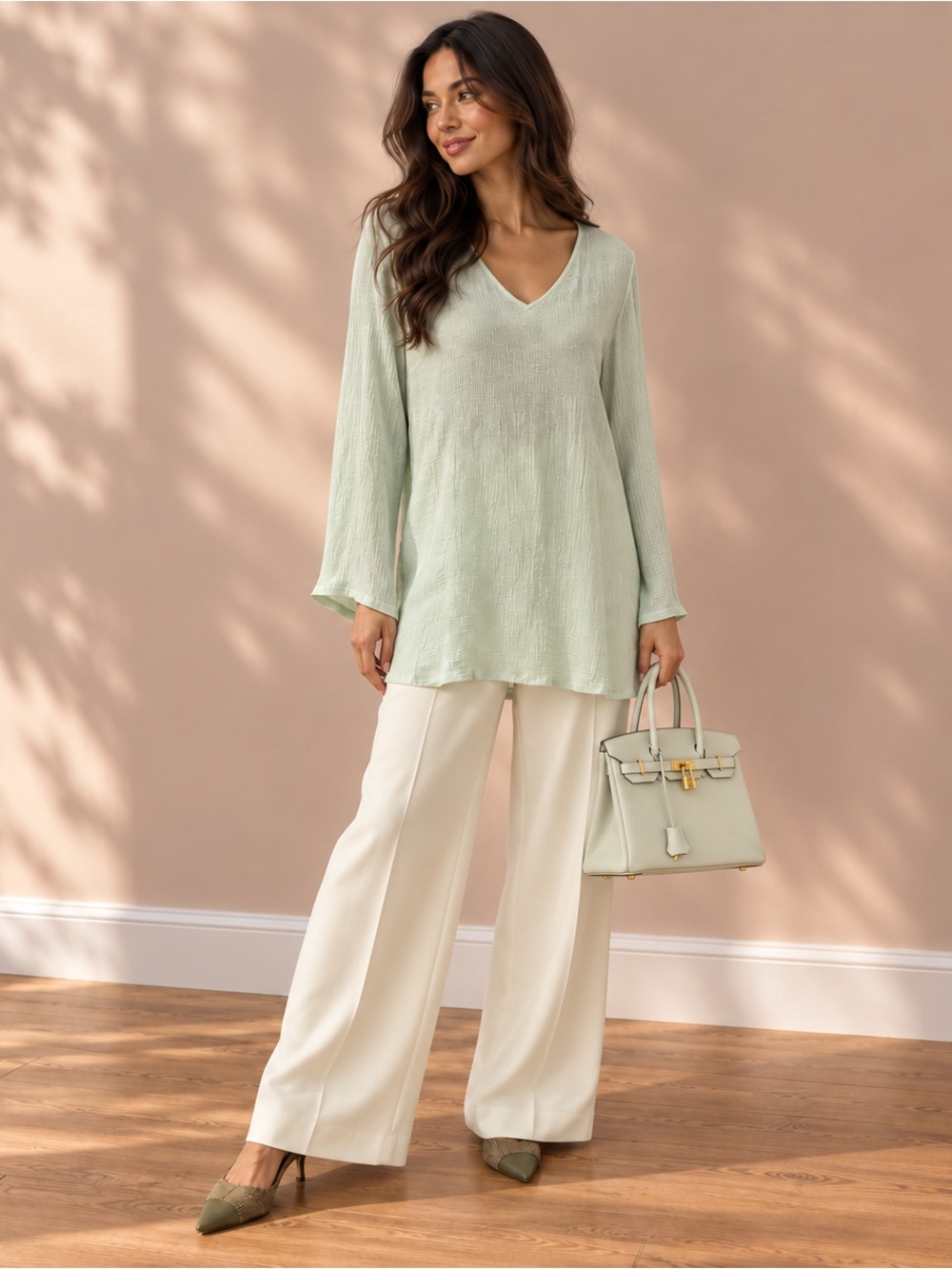 Eileen Fisher Mint Green Crinkled Silk V-Neck Tunic Size M